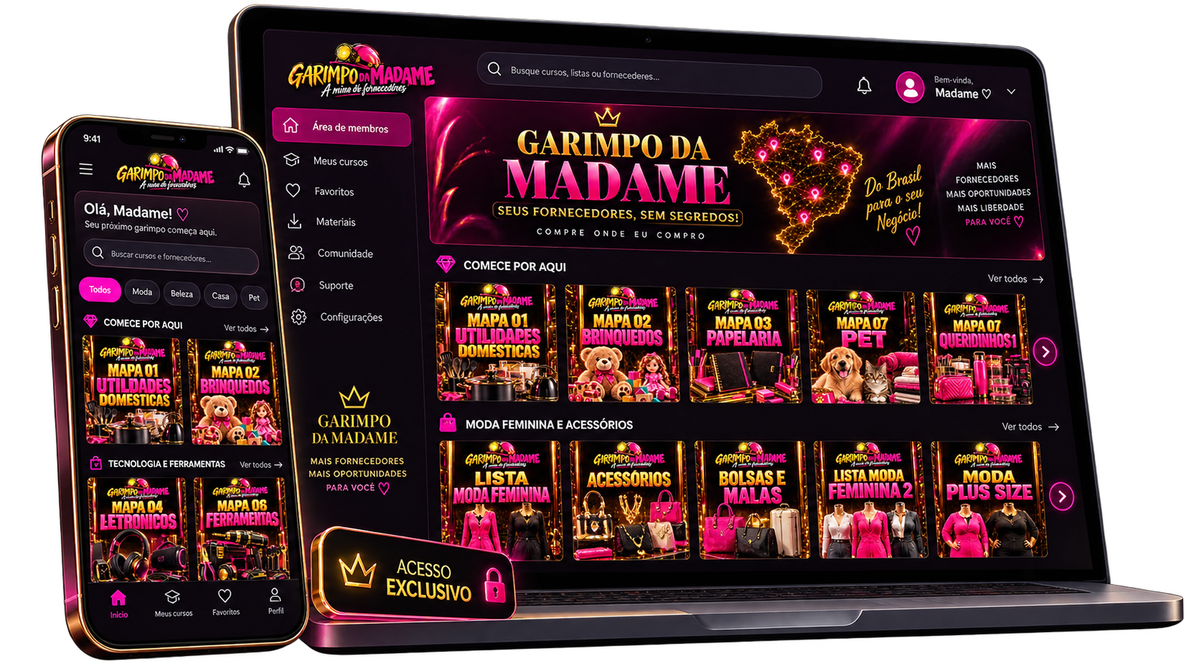 Mockup ilustrativo da coleção Garimpo da Madame em um notebook e celular